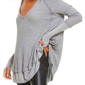 We The Free Laguna Waffle Knit Thermal Top Gray Boho Long Sleeve Small Oversized